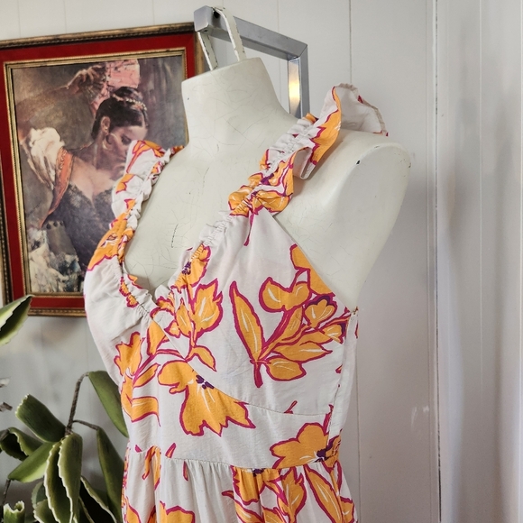 Monteau Los Angeles Orange Floral Tiered Ruffle Midi Dress Womens Size Large New - Picture 4 of 10